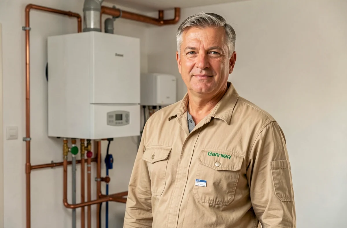 Un technicien de Garnier-Revault debout devant une installation de chaudière gaz neuve dans une maison rennaise, en uniforme beige professionnel