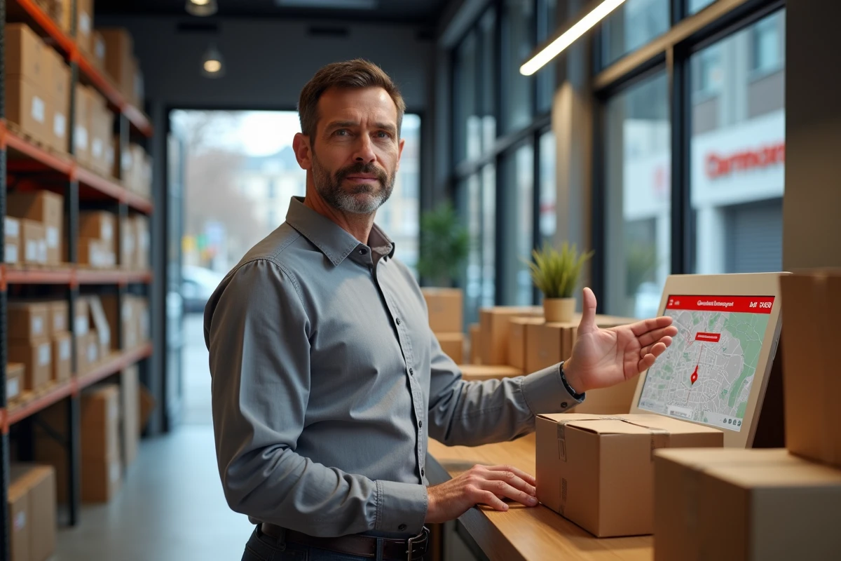 Gestionnaire logistique dans un entrepôt avec colis et carte