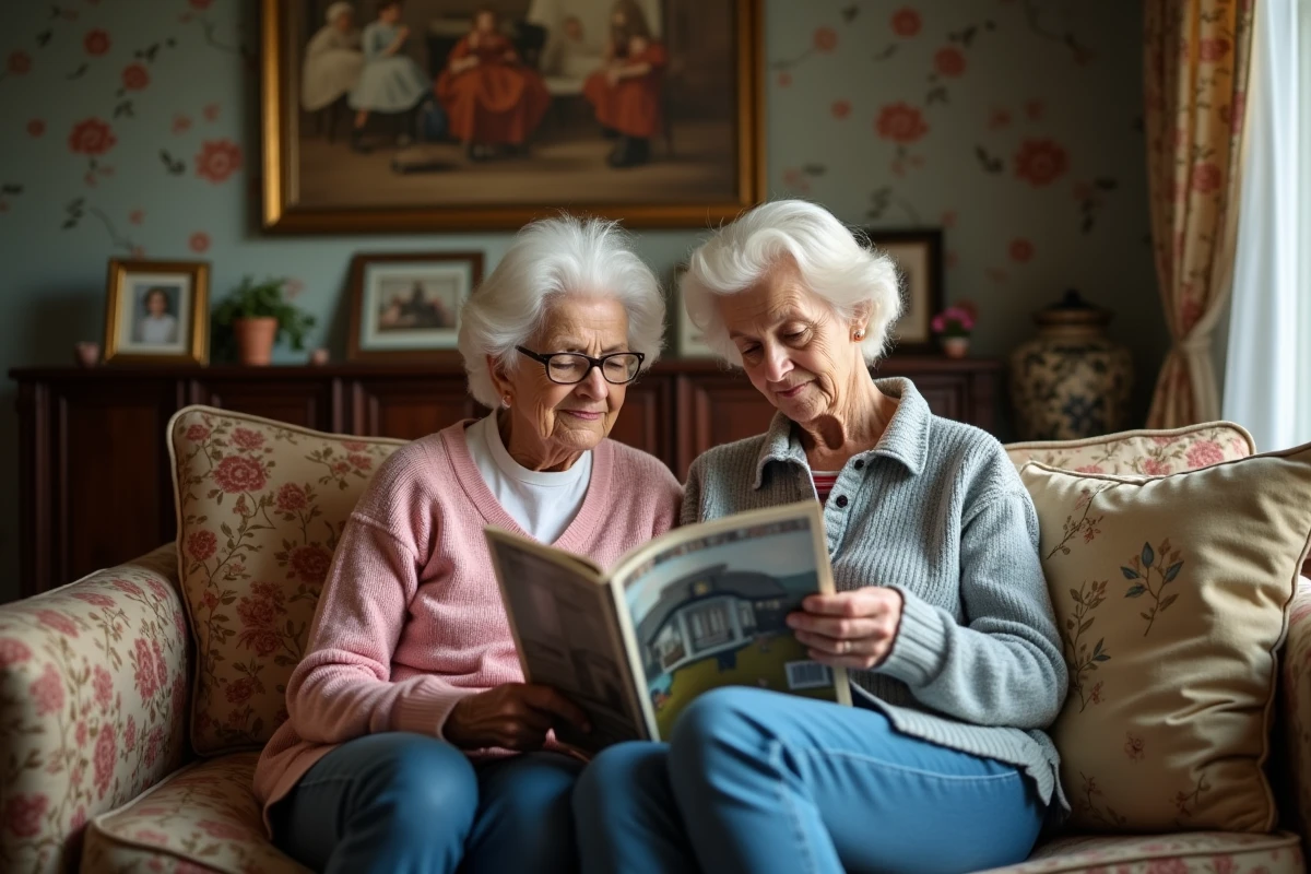 Grand-mère et adolescente assises sur un canapé vintage