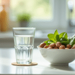 Eau de golf à côté d'un bol de noix et de légumes verts