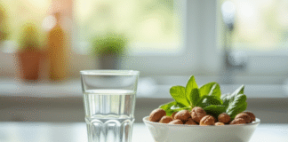 Eau de golf à côté d'un bol de noix et de légumes verts