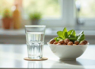 Eau de golf à côté d'un bol de noix et de légumes verts