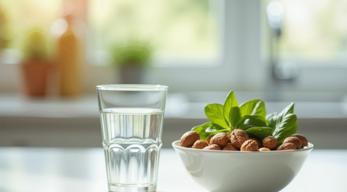 Eau de golf à côté d'un bol de noix et de légumes verts