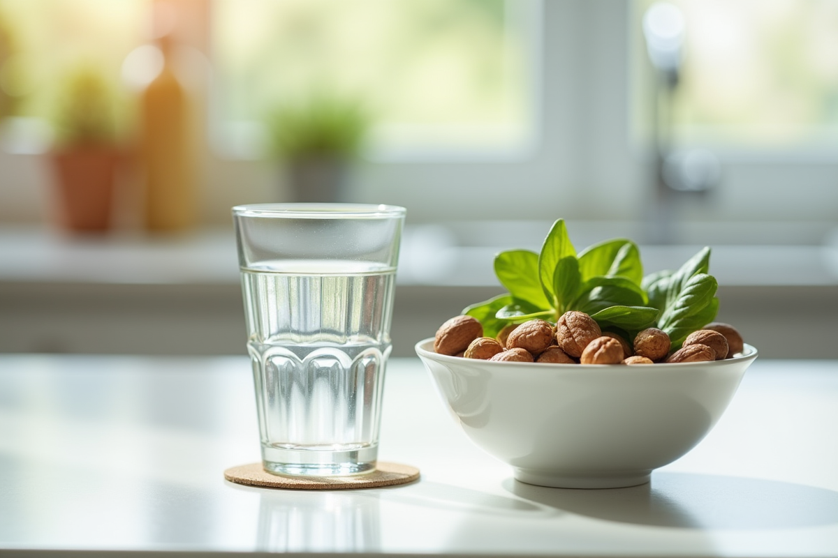 Eau de golf à côté d'un bol de noix et de légumes verts