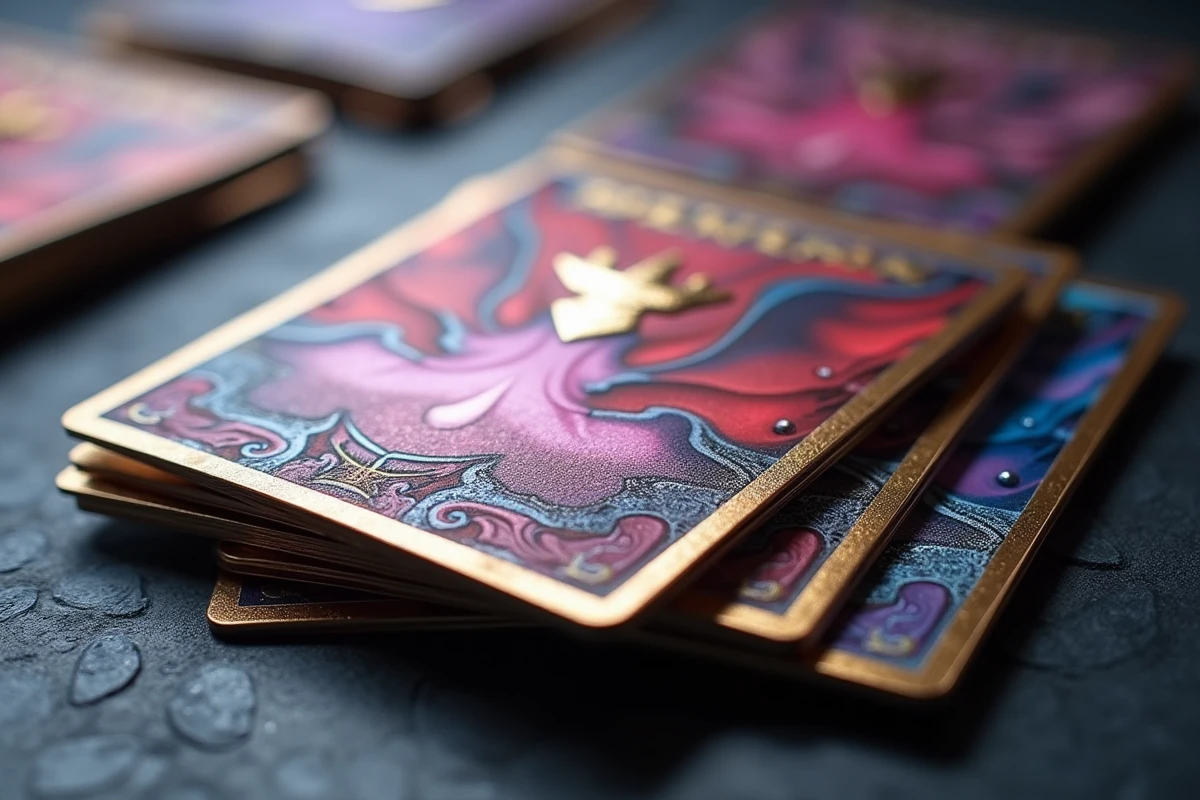 Gros plan macro de cartes Pokémon Écarlate et Violet EV09 en éventail sur fond ardoise sombre montrant les détails holographiques