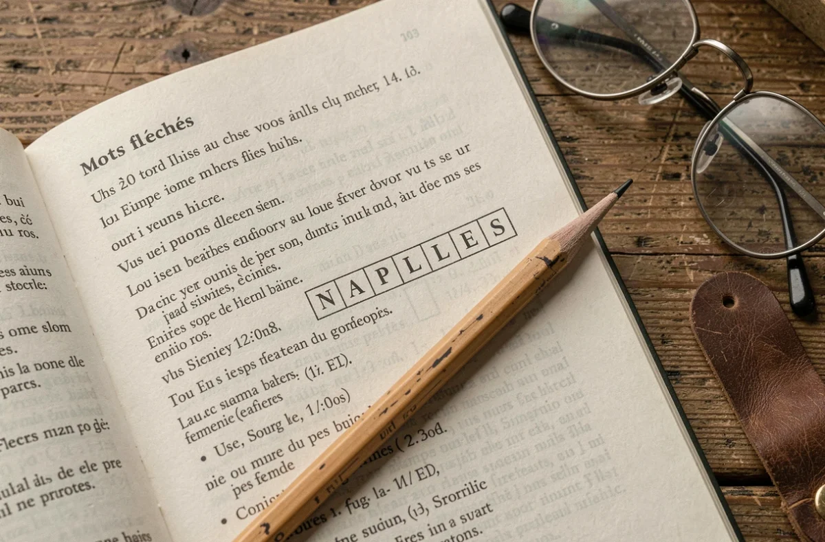 Gros plan sur une grille de mots fléchés avec le mot Naples écrit au crayon dans les cases