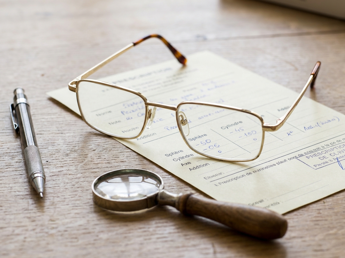 Gros plan sur une ordonnance de lunettes avec termes de correction optique comme sphère et cylindre, posée sur un bureau