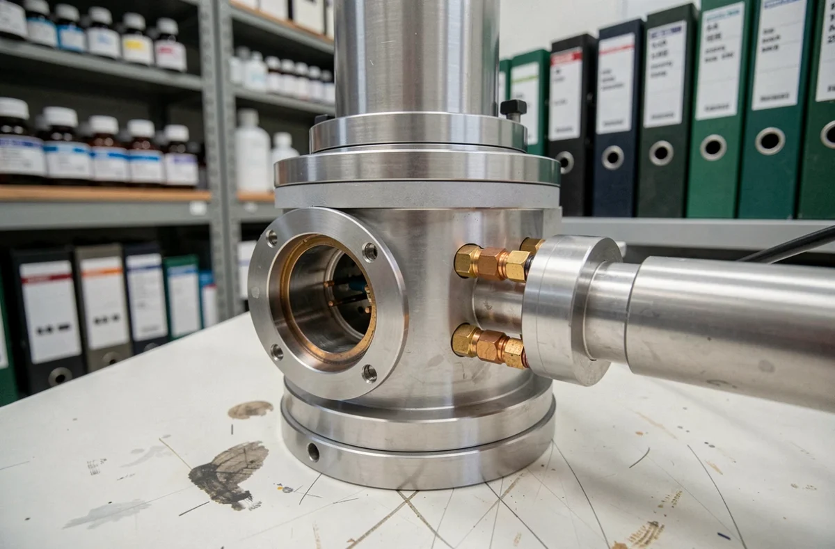 Gros plan sur la chambre d'ionisation d'un spectromètre de masse quadripolaire dans un laboratoire de R&D