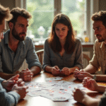 Groupe d'amis jouant à la belote autour d'une table en journée