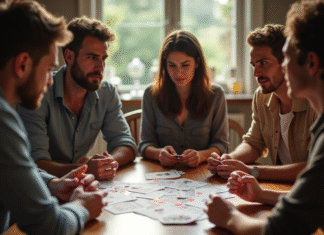 Groupe d'amis jouant à la belote autour d'une table en journée