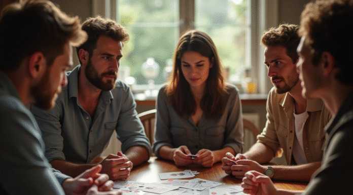Groupe d'amis jouant à la belote autour d'une table en journée
