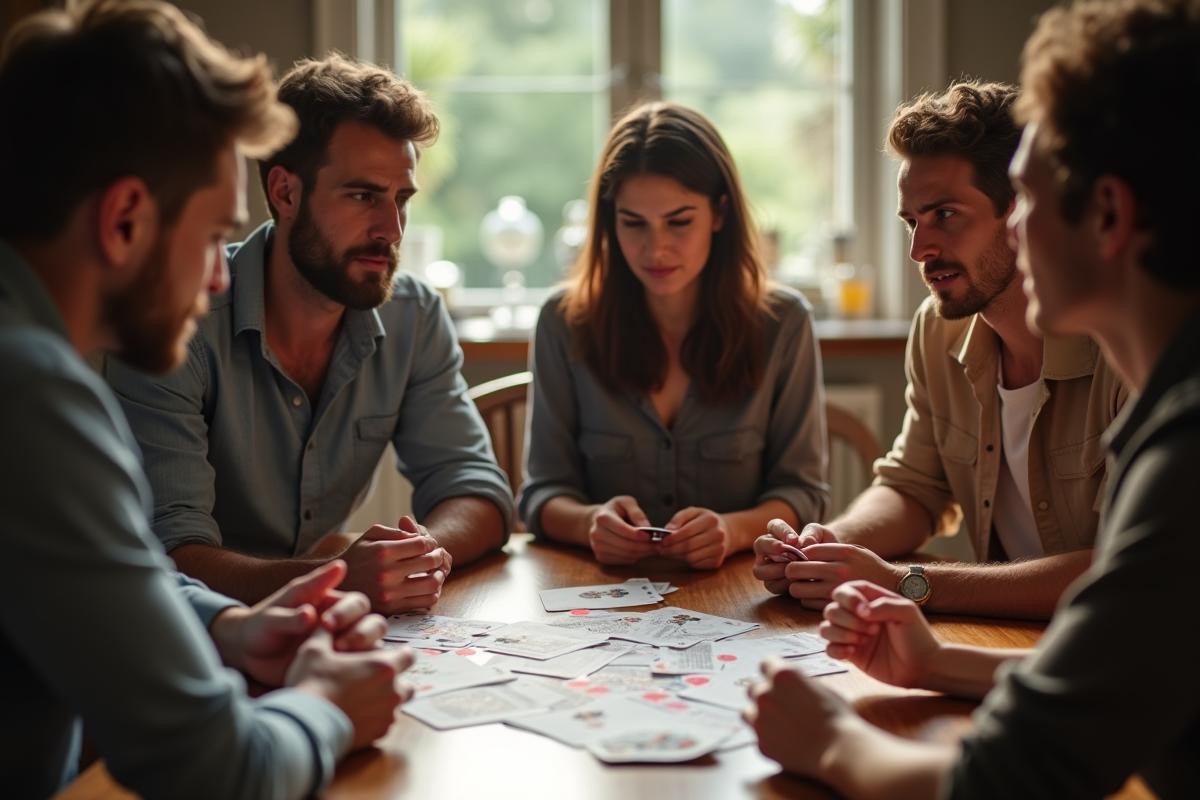 Groupe d'amis jouant à la belote autour d'une table en journée