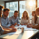 Groupe d'employes souriants dans un bureau lumineux