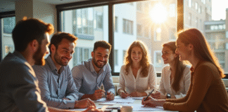 Groupe d'employes souriants dans un bureau lumineux