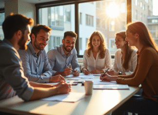 Groupe d'employes souriants dans un bureau lumineux