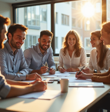 Groupe d'employes souriants dans un bureau lumineux
