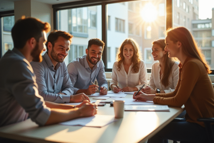 Groupe d'employes souriants dans un bureau lumineux