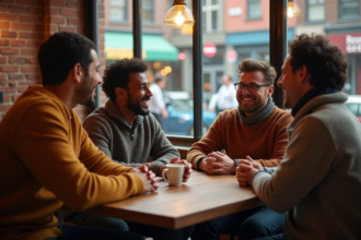 Groupe d'adultes souriants dans un café convivial
