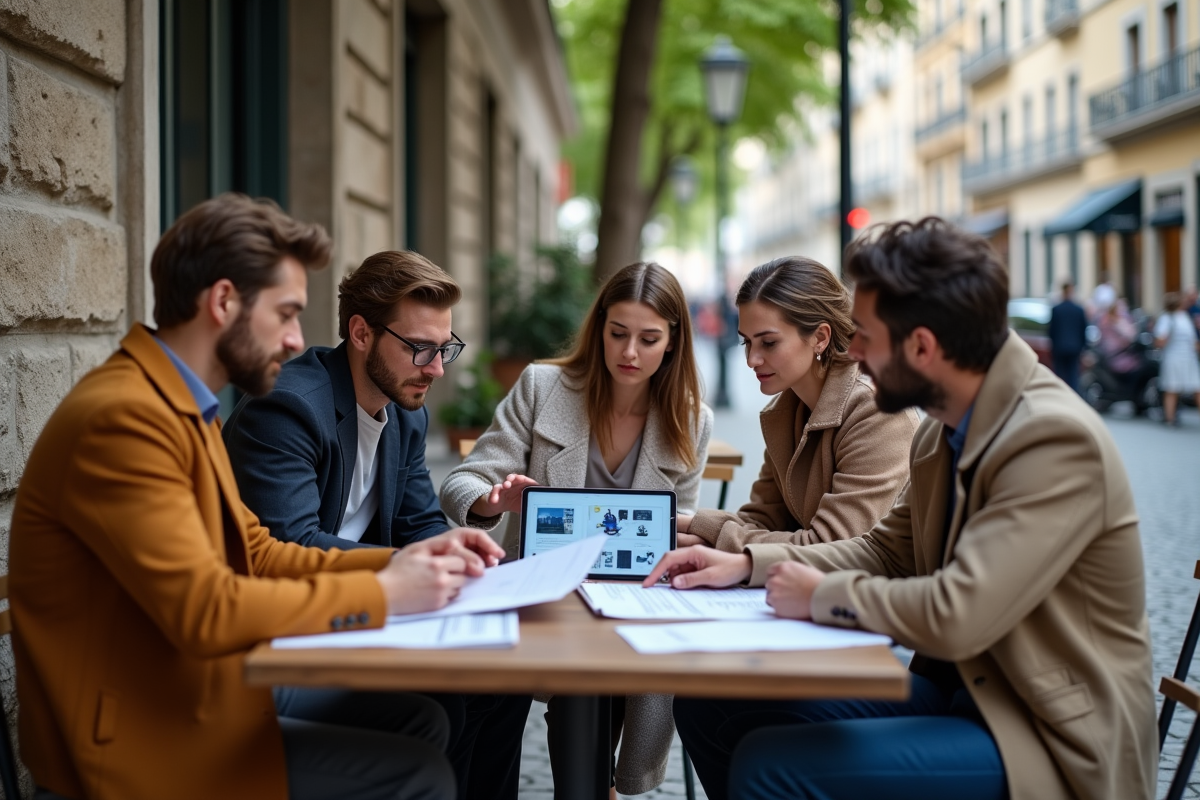 Groupe diversifié discutant autour d un café avec documents et tablette AI