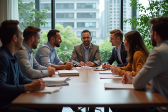 Groupe diversifié en réunion de travail moderne