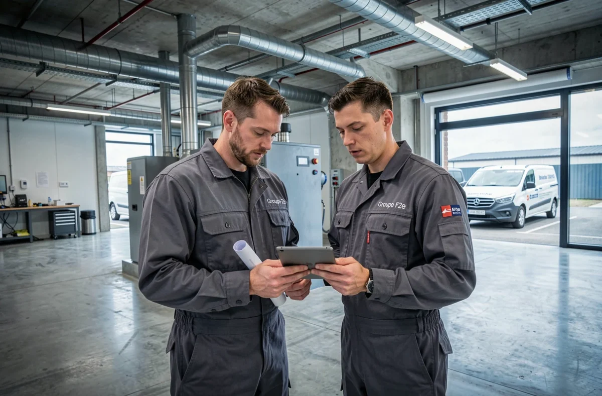 Deux ingénieurs du Groupe F2e en uniforme gris consultant une tablette devant un système de chauffage industriel dans un bâtiment commercial à Rennes