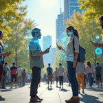 IA dans nos sociétés : impacts et conséquences en 2025 Groupe diversifié dans un parc urbain futuriste avec technologie