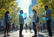 Groupe diversifié dans un parc urbain futuriste avec technologie