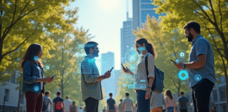 Groupe diversifié dans un parc urbain futuriste avec technologie