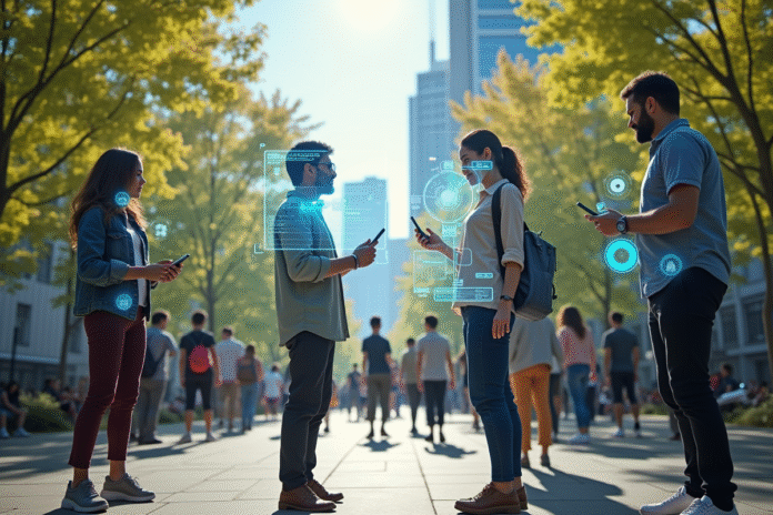 groupe-futuriste-parc-ville Groupe diversifié dans un parc urbain futuriste avec technologie