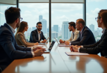 Mobilité des salariés : comment accompagner efficacement leur évolution professionnelle ? Groupe de professionnels en réunion dans un bureau moderne