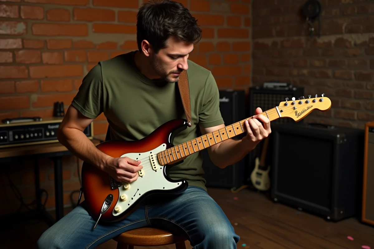 Guitariste jouant un accord D7 sur une Stratocaster sunburst dans une salle de répétition blues vintage aux murs en briques