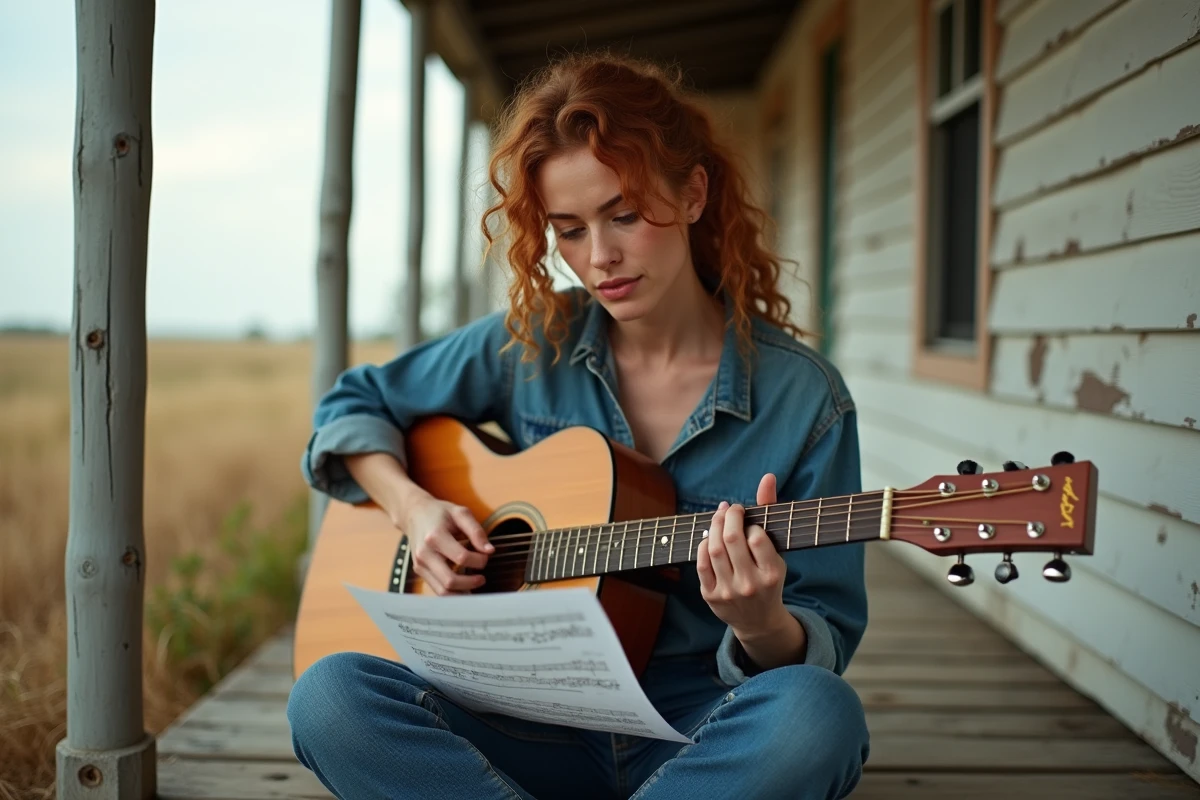 Guitariste lisant une tablature D7 sur une véranda en bois rustique dans un cadre rural évocateur du blues américain