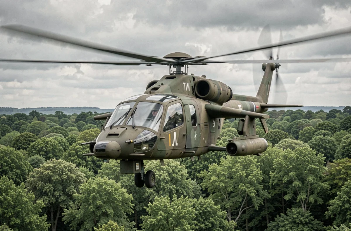 Hélicoptère de combat de l'armée française en vol rasant au-dessus d'une forêt dense, vue latérale révélant le système d'armes et le cockpit en tandem