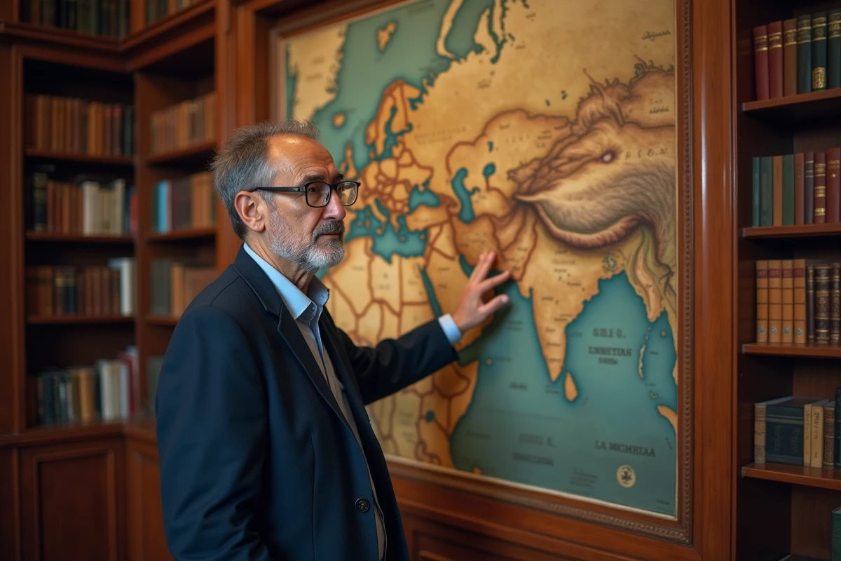 Historien turc devant une carte ancienne de l'Empire ottoman dans une bibliothèque universitaire illustrant l'histoire géopolitique de la Turquie