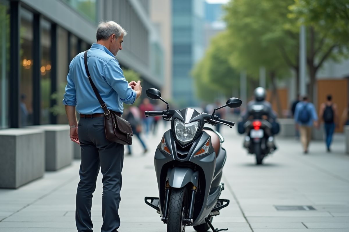 Homme d affaires vérifiant sa montre à côté de sa moto