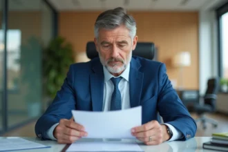 Homme d'affaires en costume bleu examine des documents de location