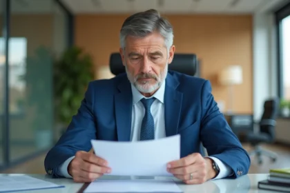 Homme d'affaires en costume bleu examine des documents de location