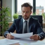 Homme d'affaires en costume vérifiant des papiers dans un bureau moderne