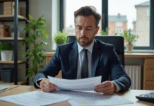 Homme d'affaires en costume vérifiant des papiers dans un bureau moderne