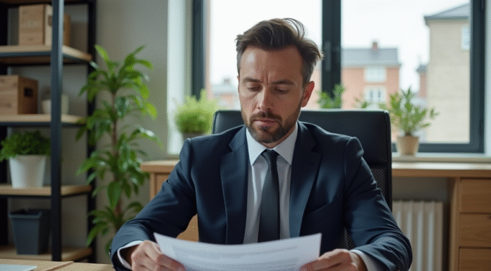 Homme d'affaires en costume vérifiant des papiers dans un bureau moderne