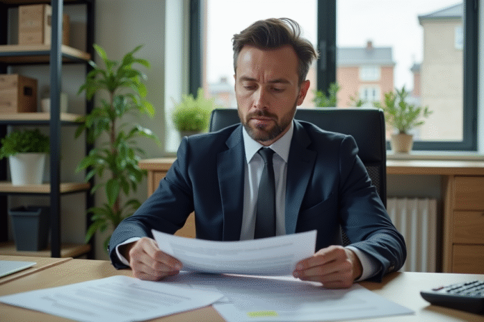 Homme d'affaires en costume vérifiant des papiers dans un bureau moderne