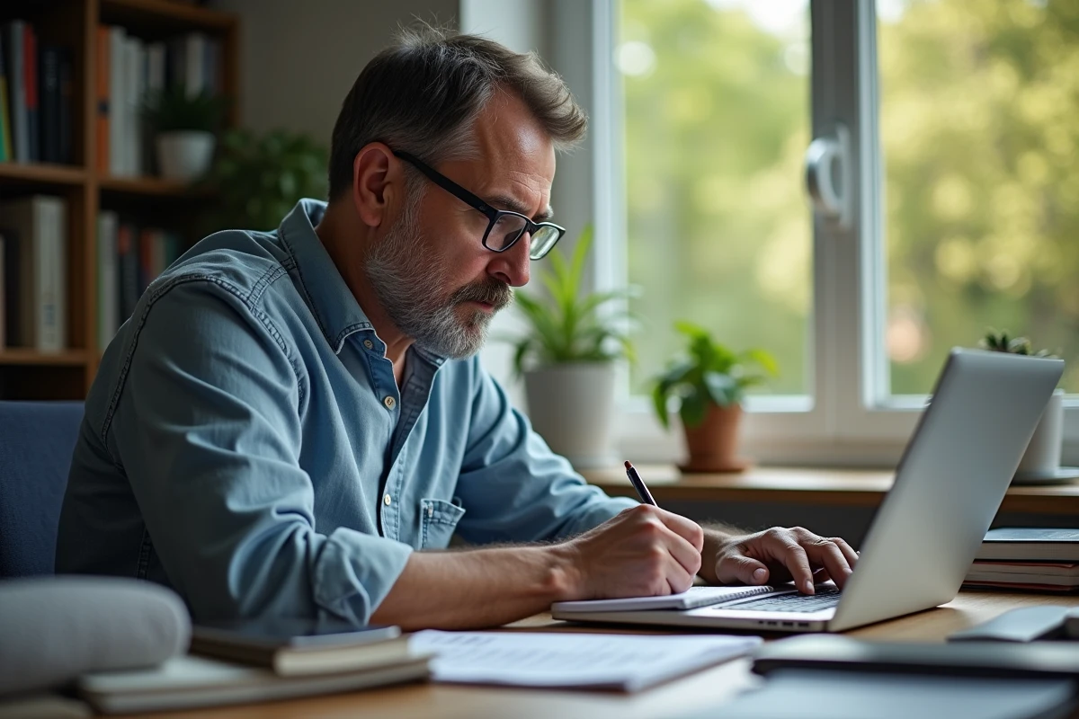 Homme d'âge moyen analysant un ordinateur portable à son bureau