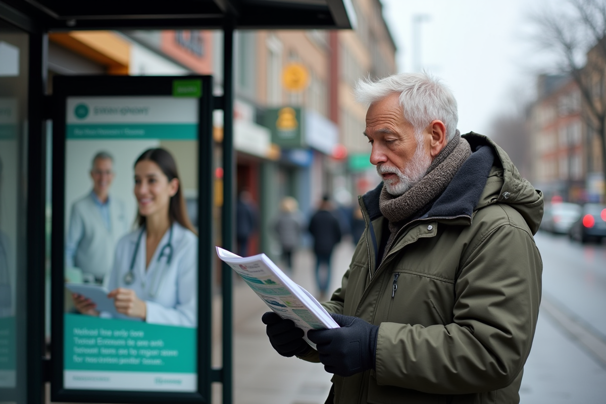 Homme âgé lisant une brochure devant un laboratoire médical en ville