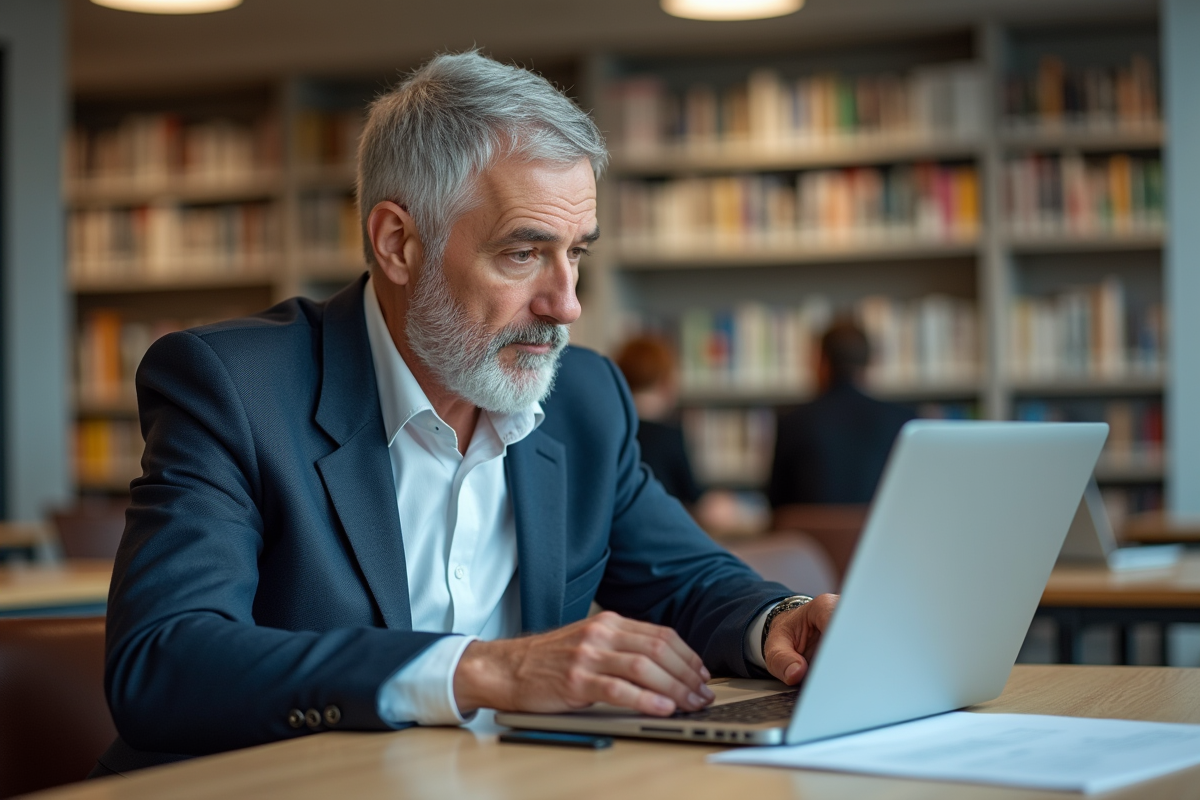 Homme âgé travaillant sur un ordinateur dans une bibliothèque moderne