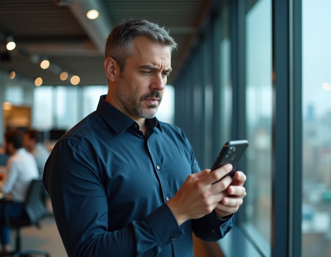 Homme en bureau regardant une notification de SMS bloqué sur son téléphone Android
