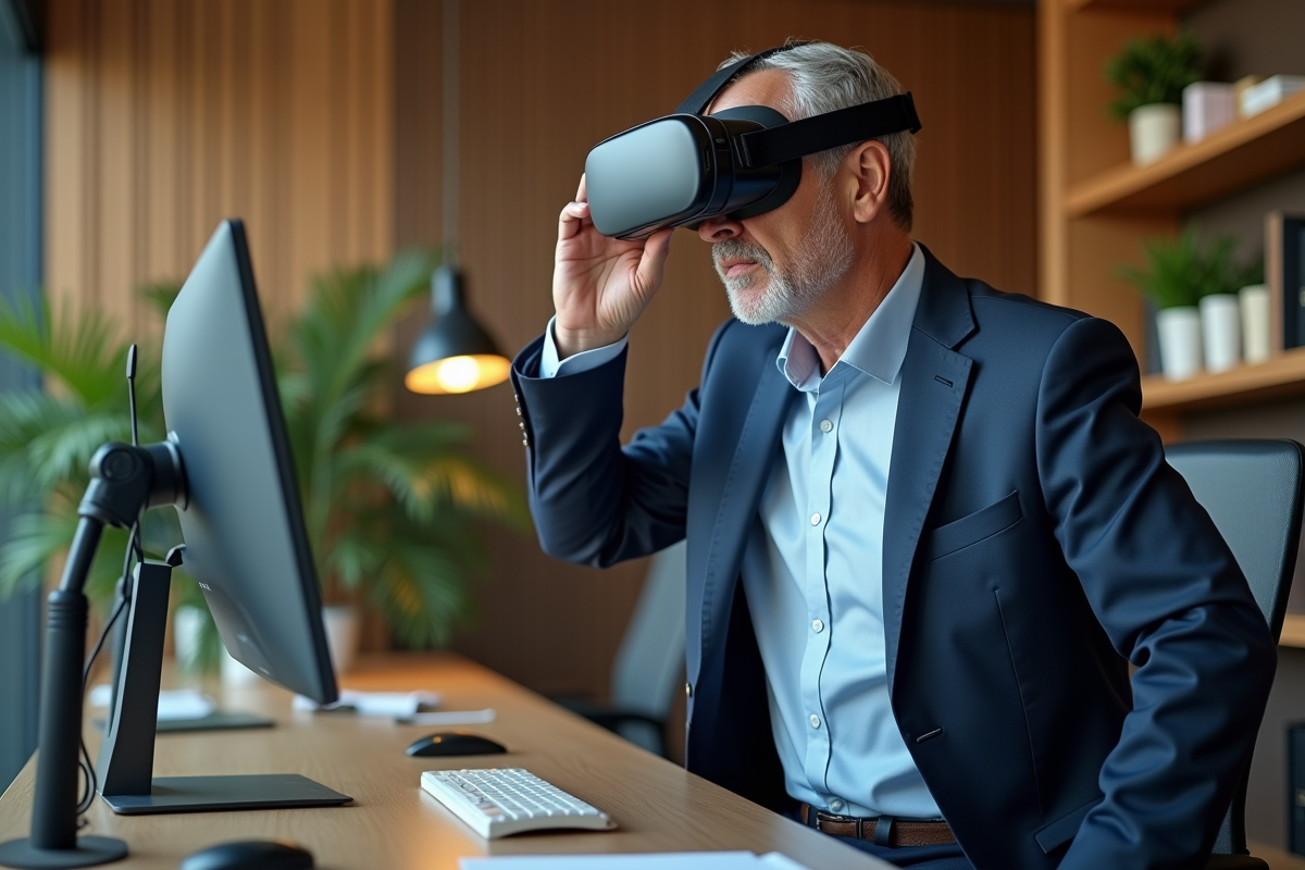 Homme d affaires regarde son écran avec casque VR à son bureau
