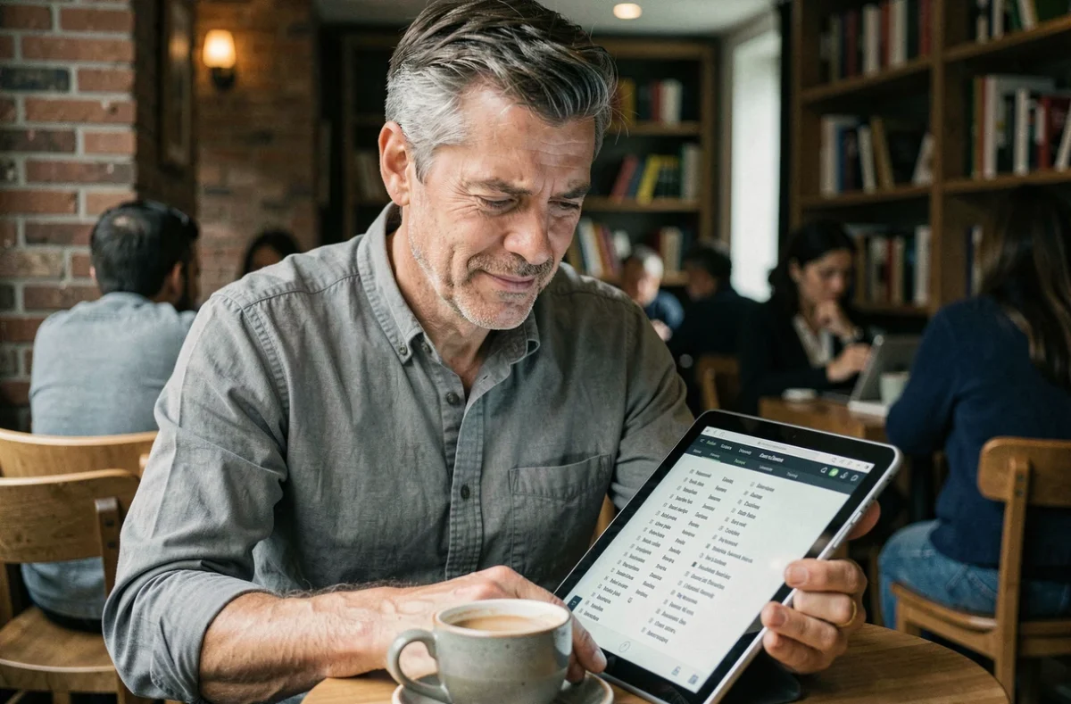 Homme utilisant une tablette dans un café pour consulter un index de mots rares afin de progresser à Pédantix