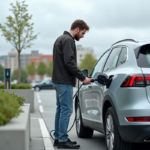 Voitures électriques : Réelles alternatives écologiques ? Homme moyenâgeux branchant une voiture électrique dans un parking urbain