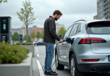 Voitures électriques : Réelles alternatives écologiques ? Homme moyenâgeux branchant une voiture électrique dans un parking urbain