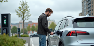 Voitures électriques : Réelles alternatives écologiques ? Homme moyenâgeux branchant une voiture électrique dans un parking urbain